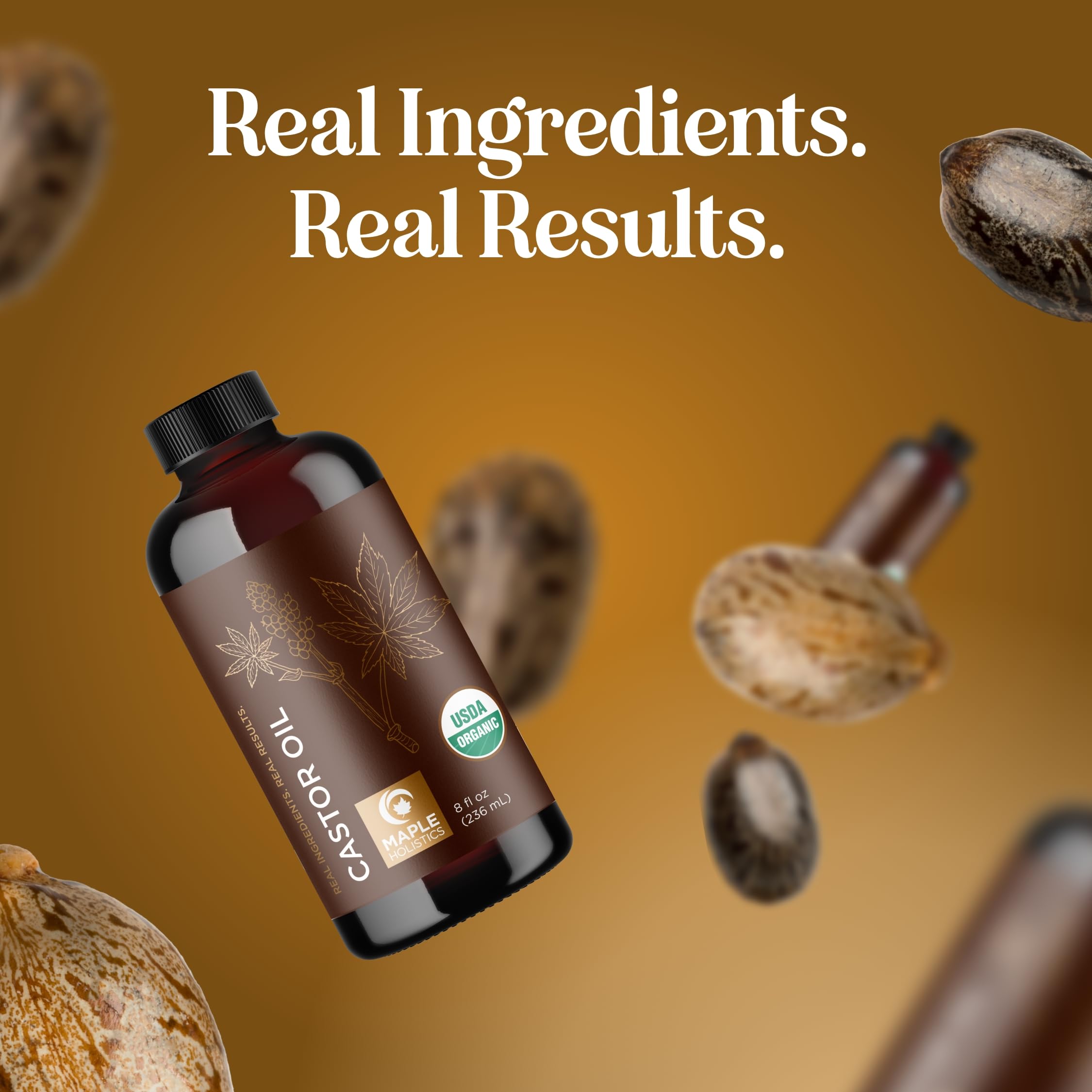 Maple Holistics Aceite de ricino en botella de vidrio, ideal como base de aceites esenciales.