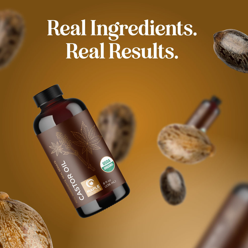 Maple Holistics Aceite de ricino en botella de vidrio, ideal como base de aceites esenciales.