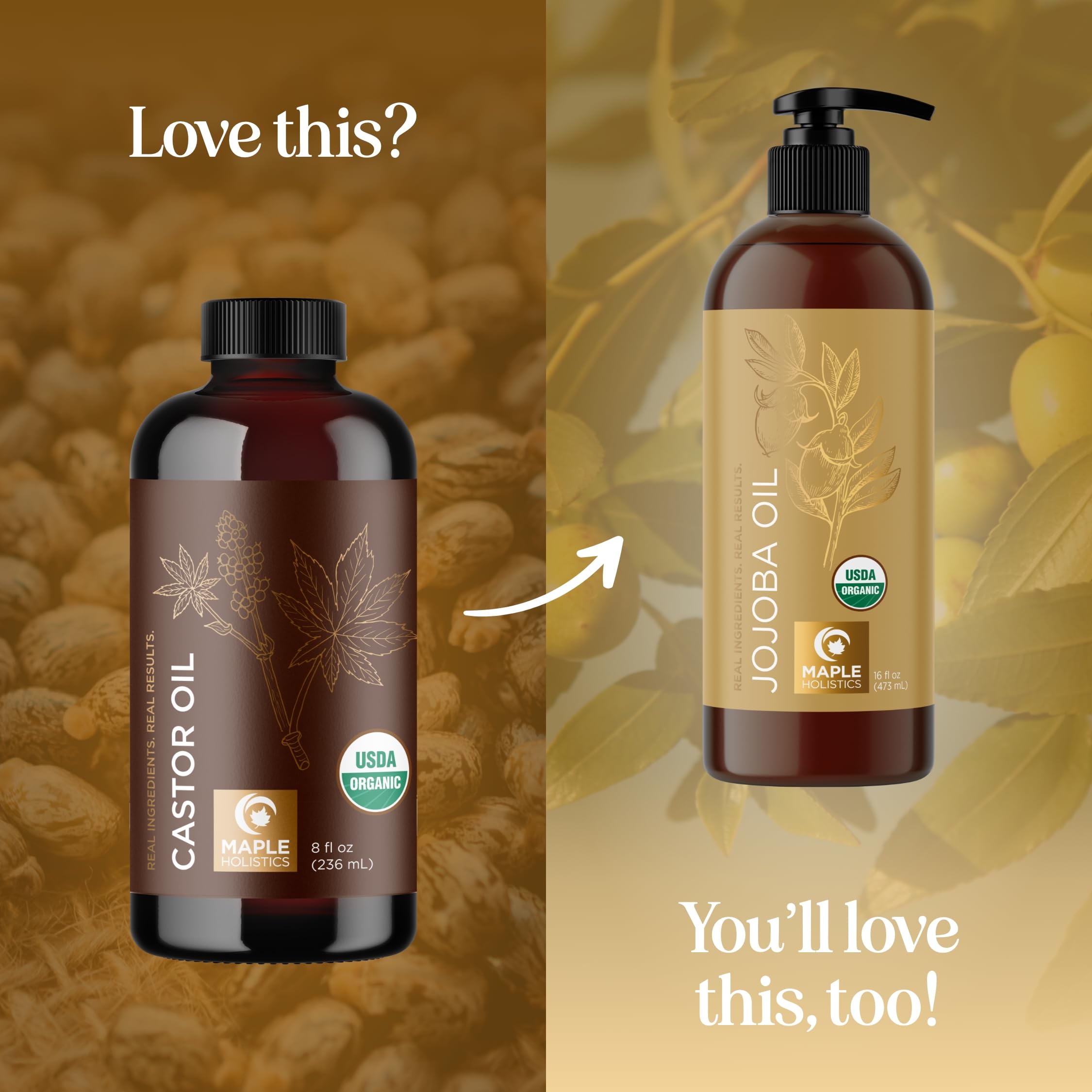 Maple Holistics Aceite de ricino en botella de vidrio, textura suave para uso diario.