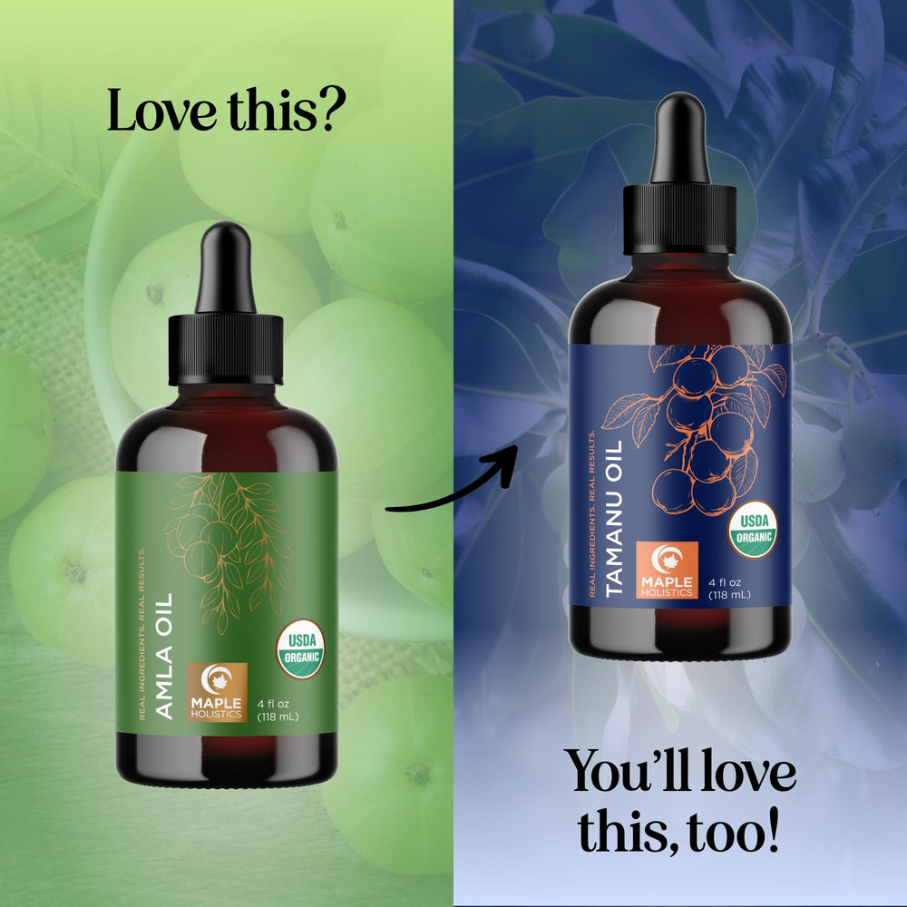 Maple Holistics Amla Oil aplicándose en cabello, tratamiento nutritivo diario.