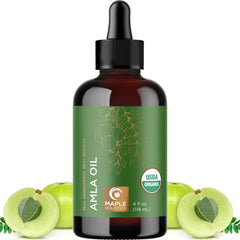 Maple Holistics Amla Oil en bote, brillo y nutrición capilar.