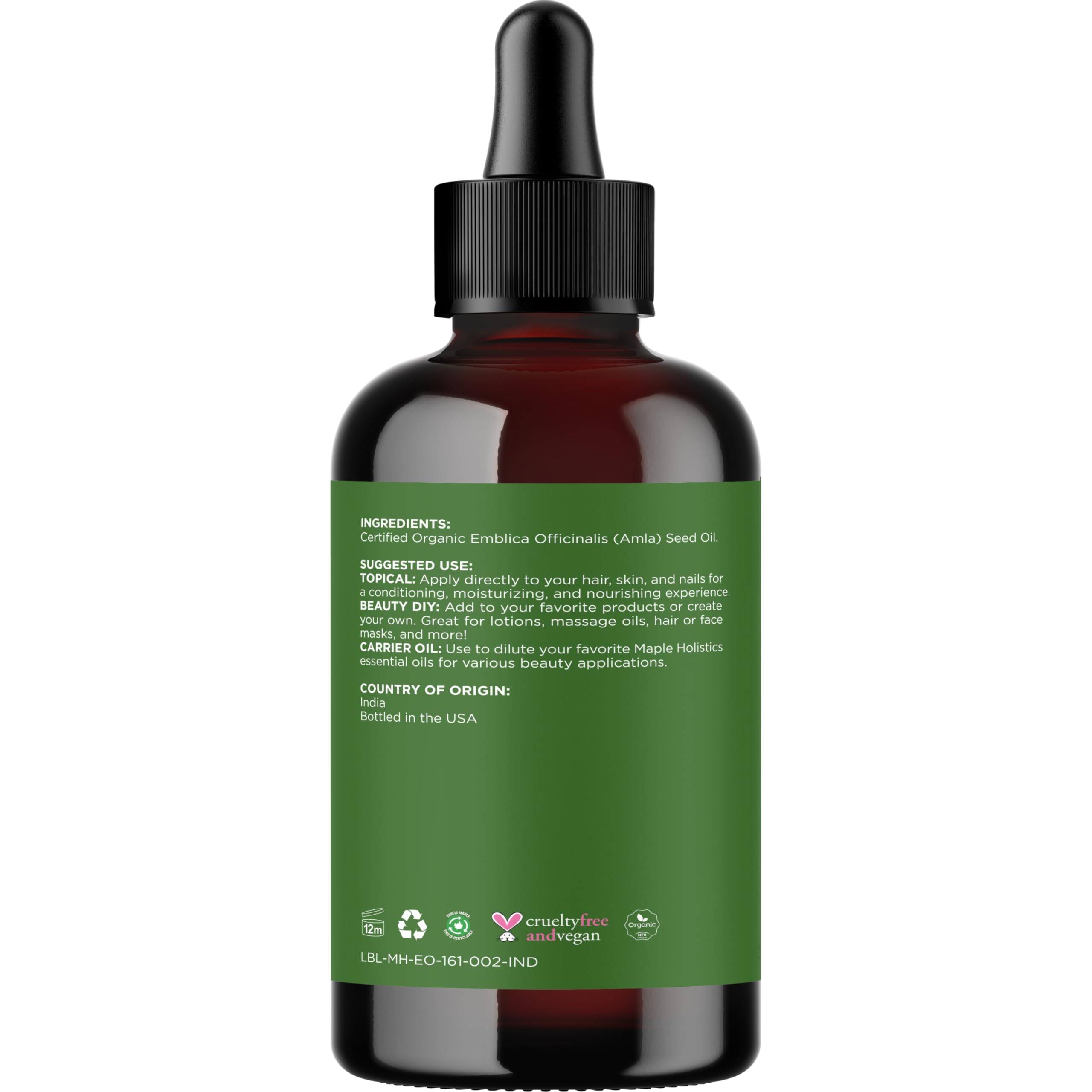 Maple Holistics Amla Oil etiqueta informa ingredientes y usos recomendados.