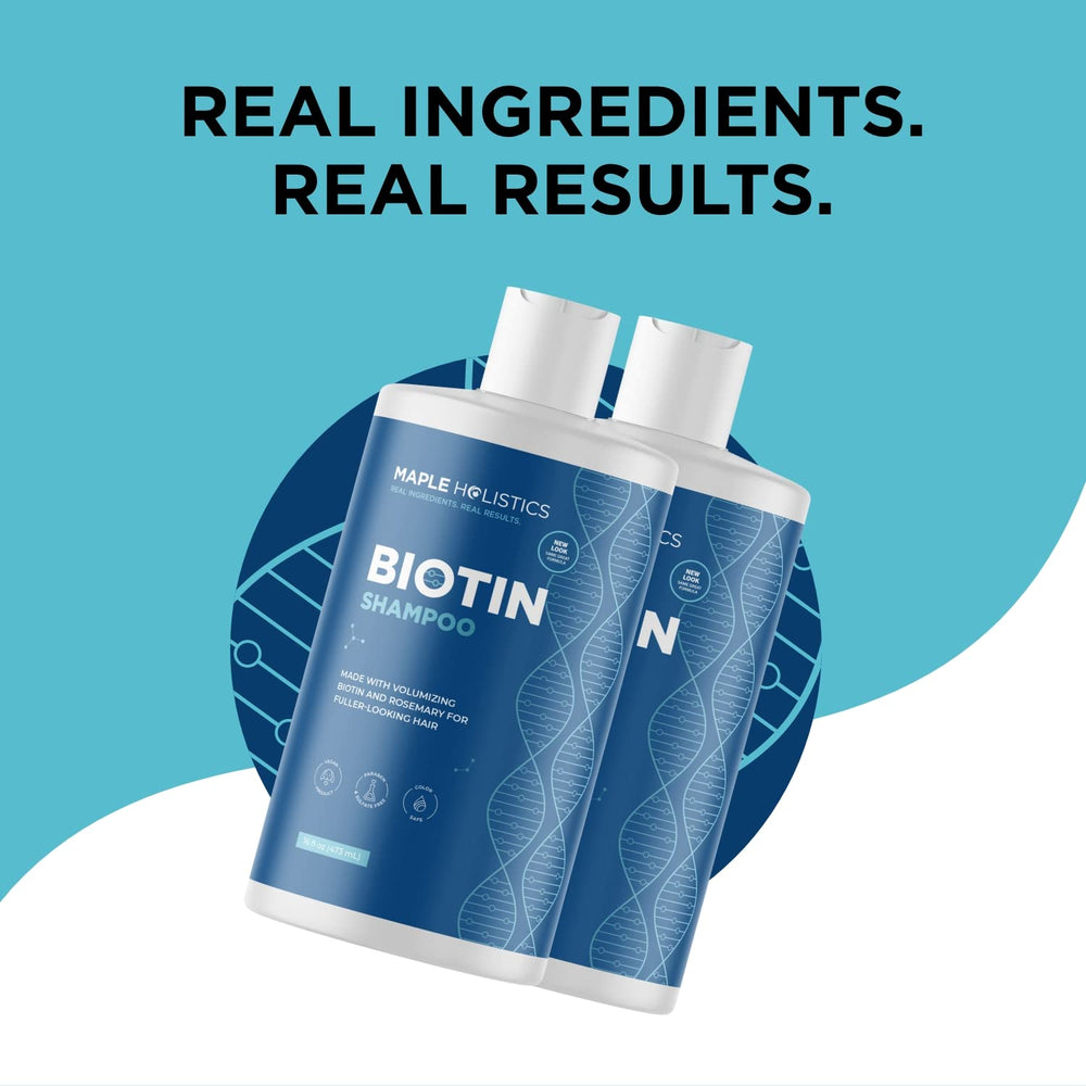 Maple Holistics biotin-rich shampoo scene emphasizes nourishment and body.