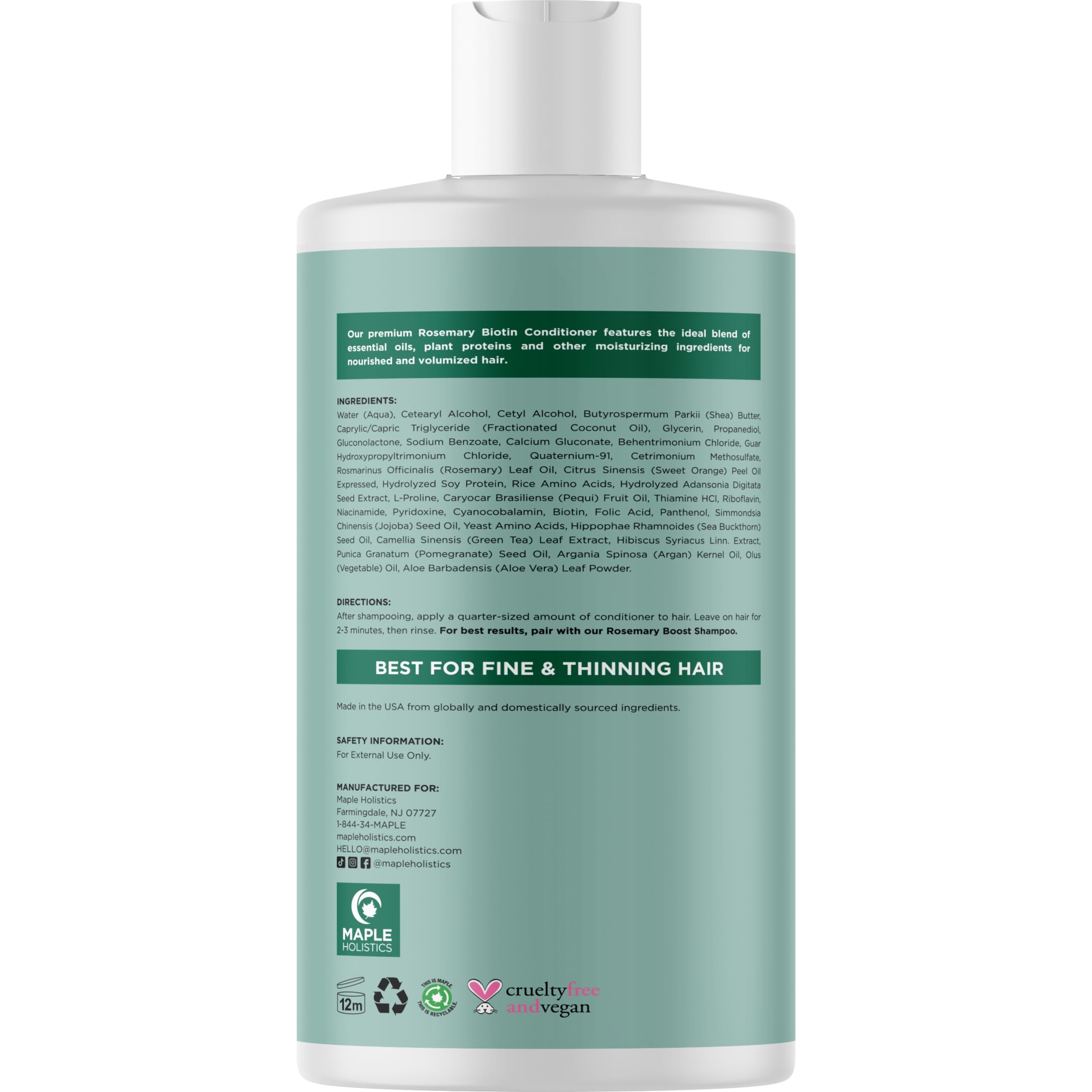 Maple Holistics Biotin Rosemary Conditioner nutrition panel image highlights B vitamins for hair vitality.