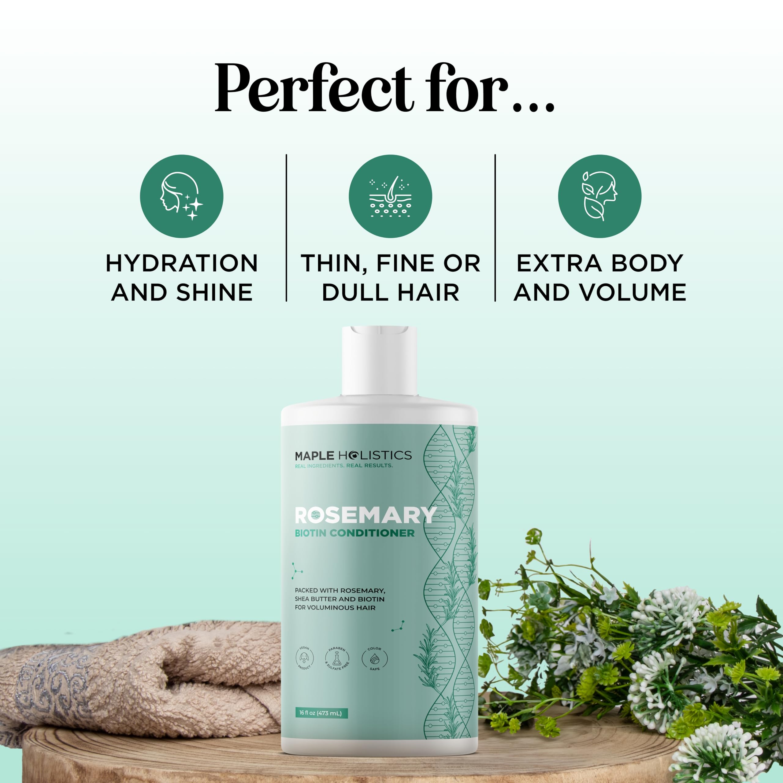 Maple Holistics Biotin Rosemary Conditioner pump distributes gentle, sulfate-free conditioning for thinning hair.
