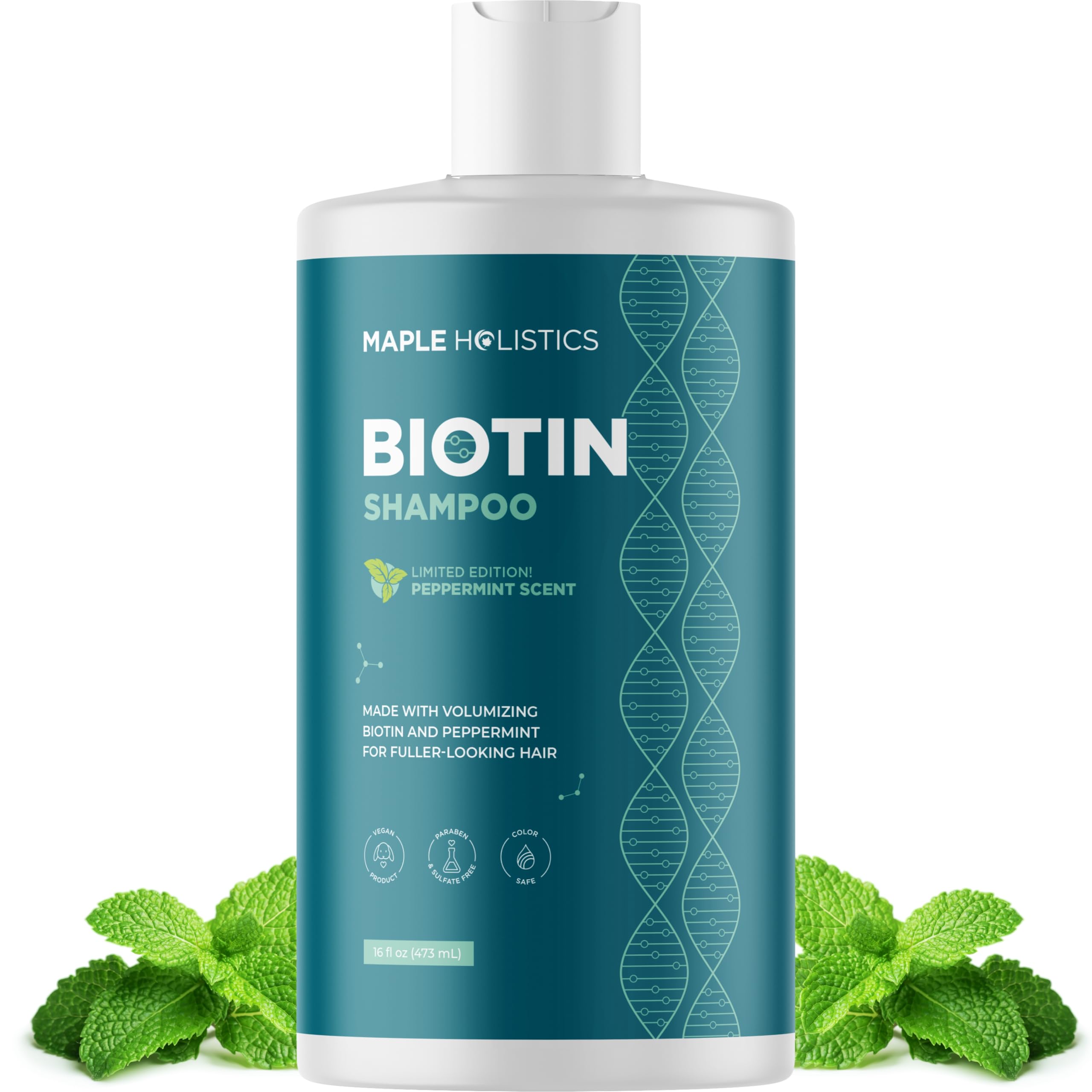 Maple Holistics Biotin Shampoo bottle pour shows refreshing scalp care for thinning hair