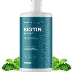 Maple Holistics Biotin Shampoo bottle pour shows refreshing scalp care for thinning hair