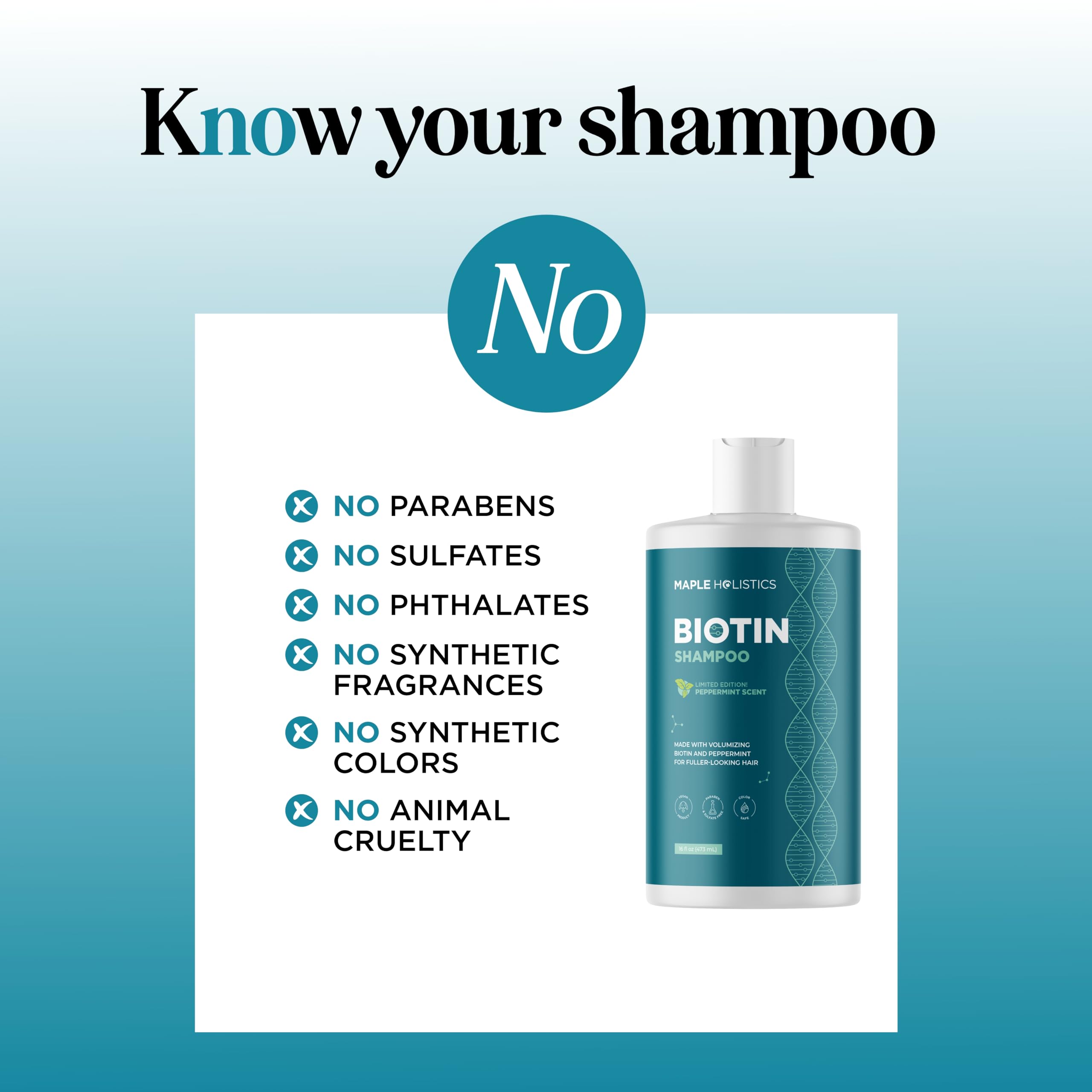 Maple Holistics Biotin Shampoo label back highlights vegan and sulfate-free formula