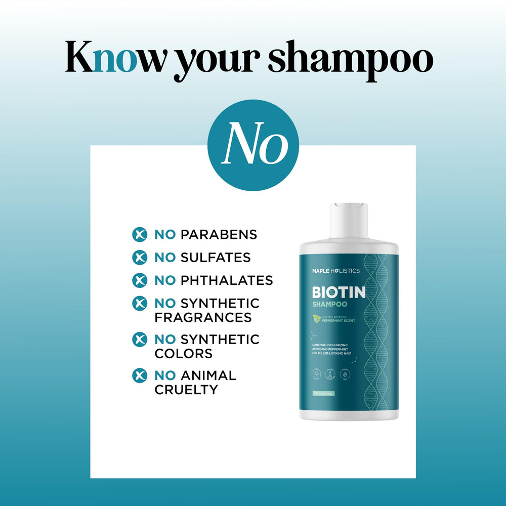 Maple Holistics Biotin Shampoo label back highlights vegan and sulfate-free formula