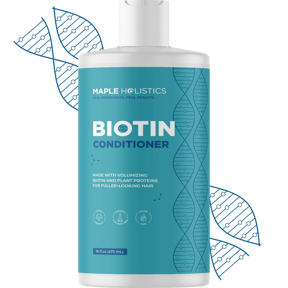 Maple Holistics Acondicionador con biotina en botella, aporta volumen ligero para cabello fino.