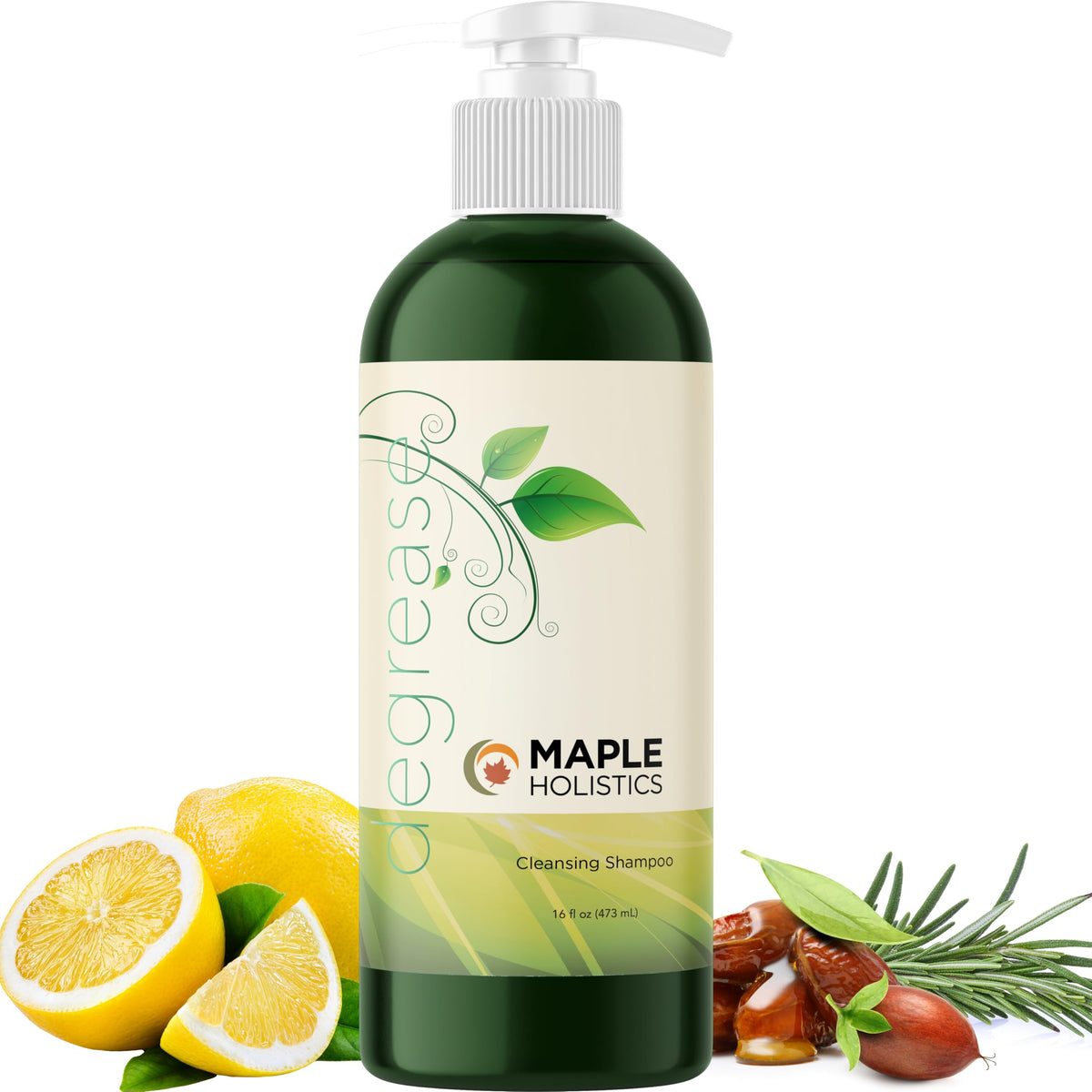 Maple Holistics Champú para cabello graso, botella mostrando limpieza profunda para el cuero cabelludo.