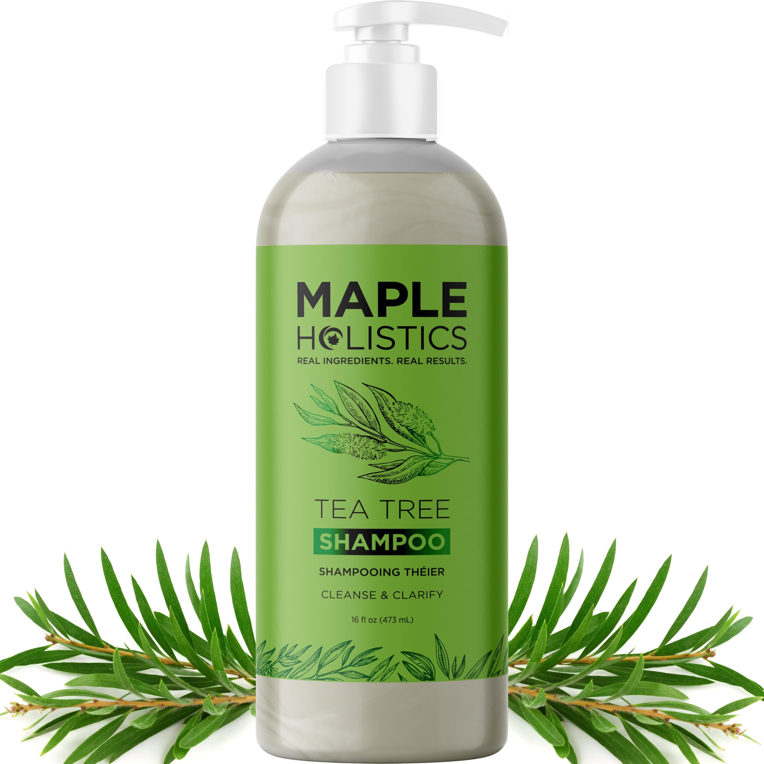 Maple Holistics clarifying shampoo bottle showing cleansing action for oily hair.