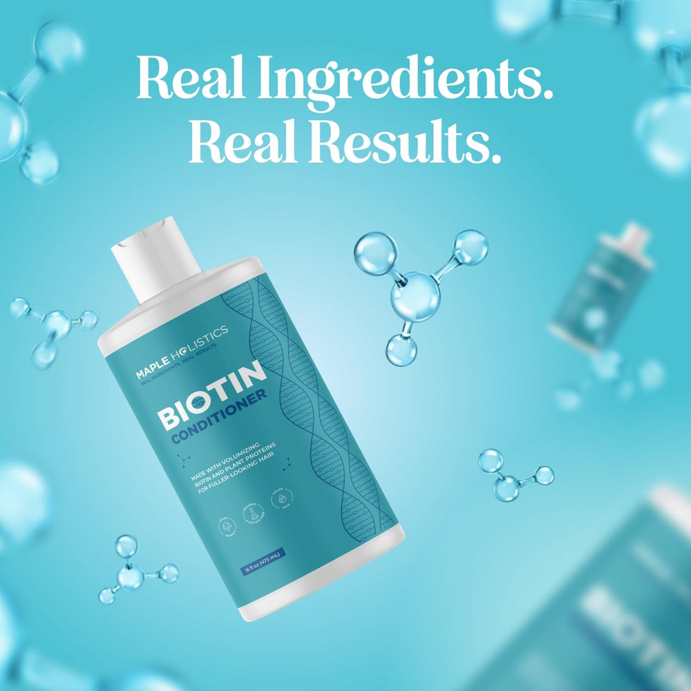 Envase de 473 ml del acondicionador con biotina, práctico para rutina diaria.