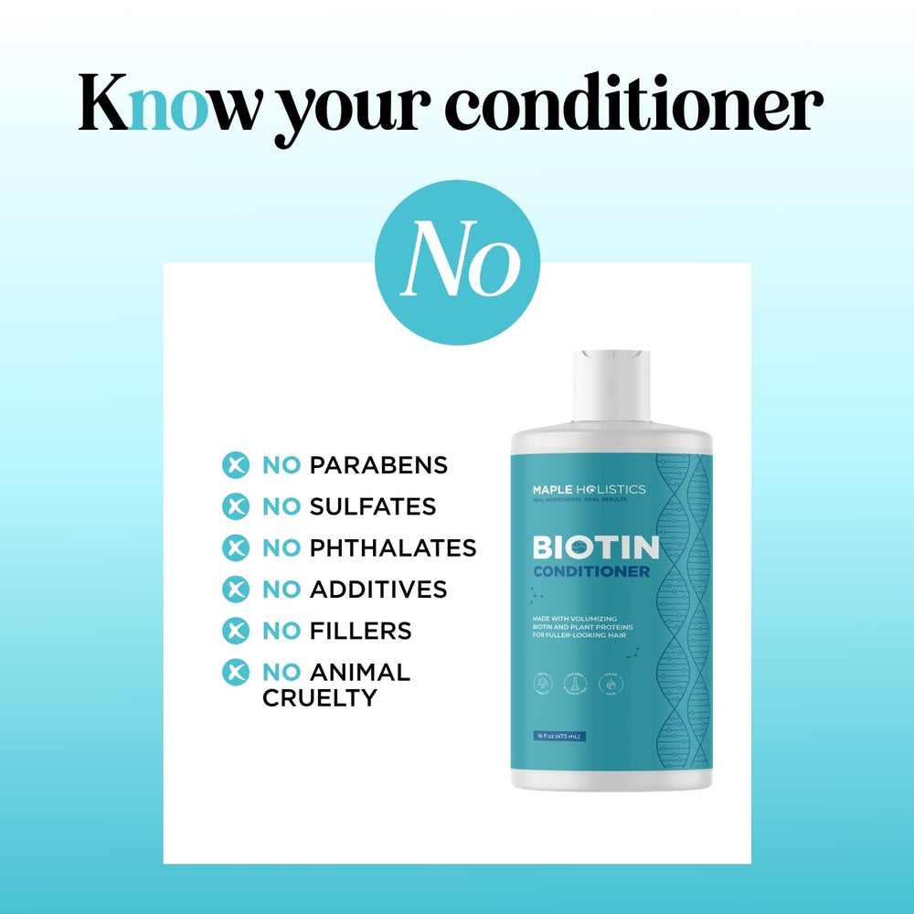 Acondicionador con biotina ofrece volumen ligero para cabello frágil.