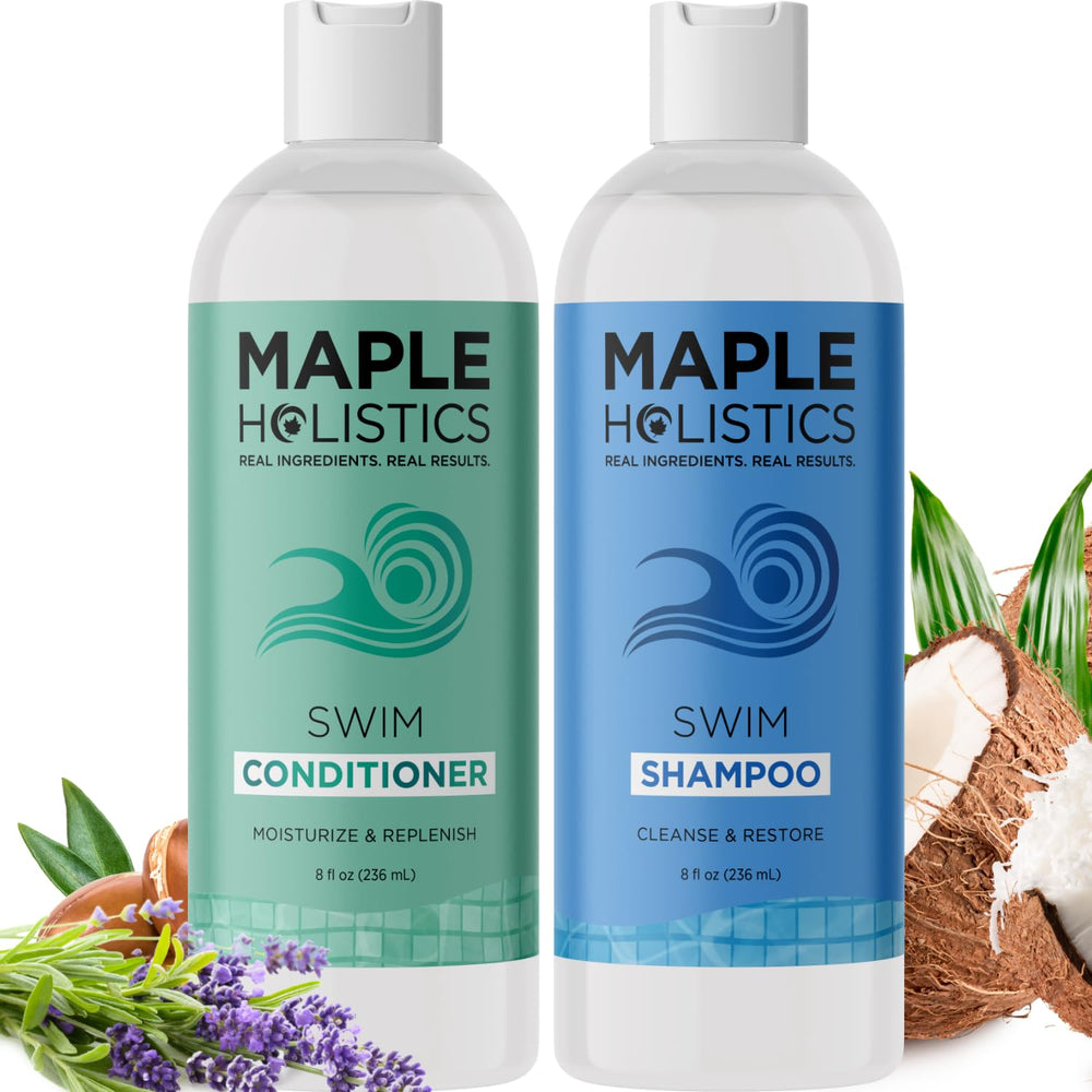 Maple Holistics despues-del-nado champú frente, cabello limpio tras nadar