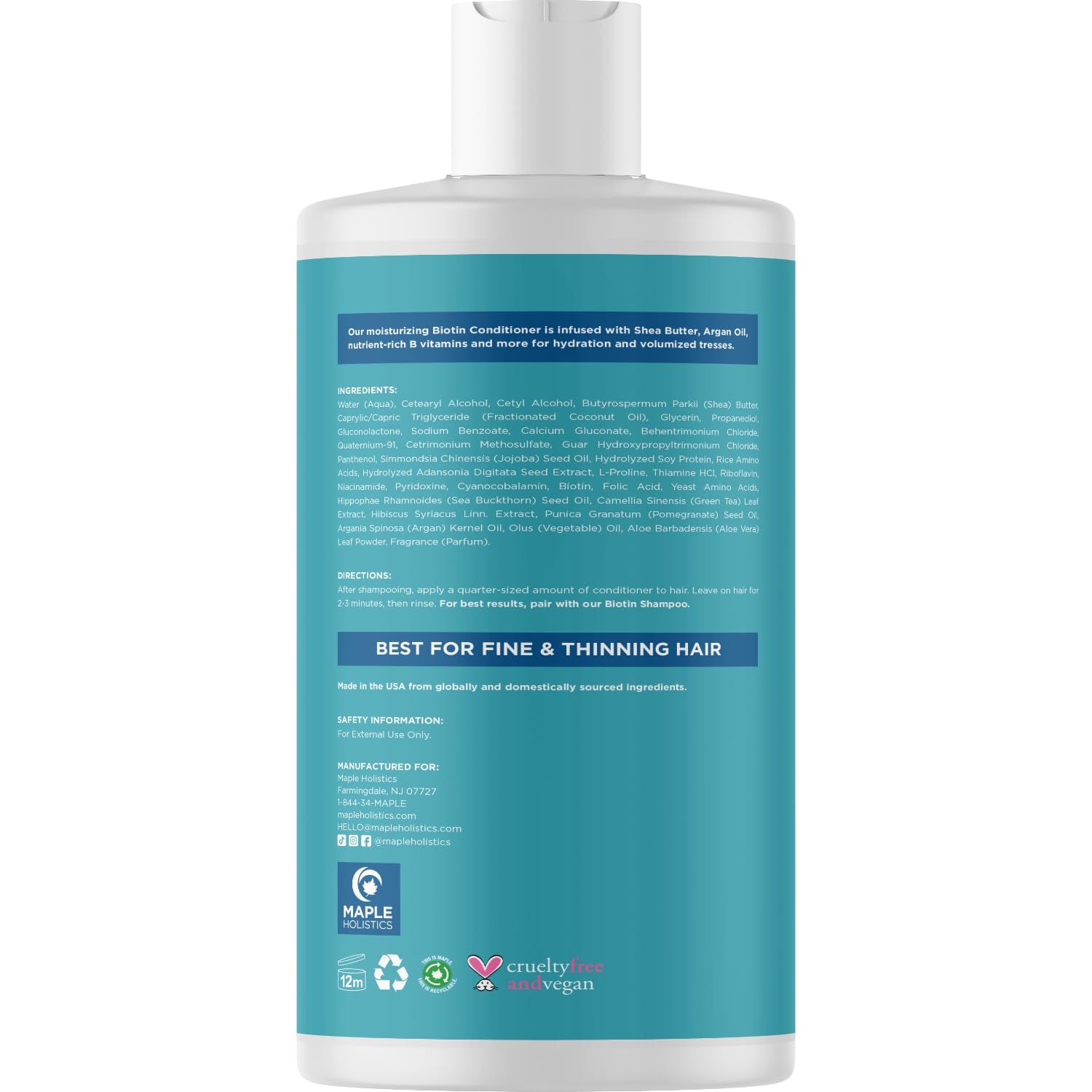 Etiqueta del acondicionador con biotina, detalle y claridad de ingredientes.