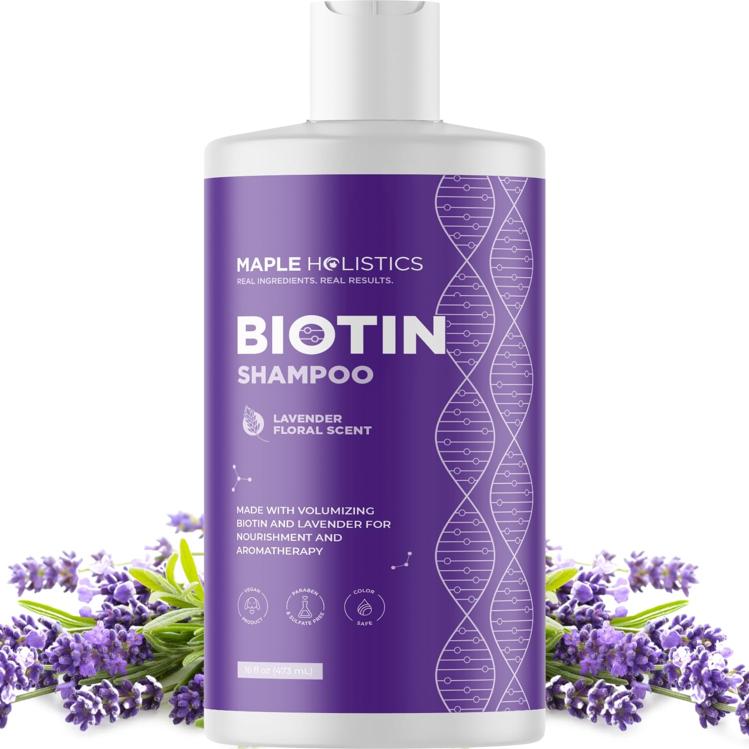 Maple Holistics lavender biotin shampoo bottle boosts volume for fine hair