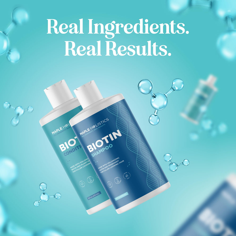 Maple Holistics Rosemary Biotin Bottle with pump, convenient daily volumizing routine.
