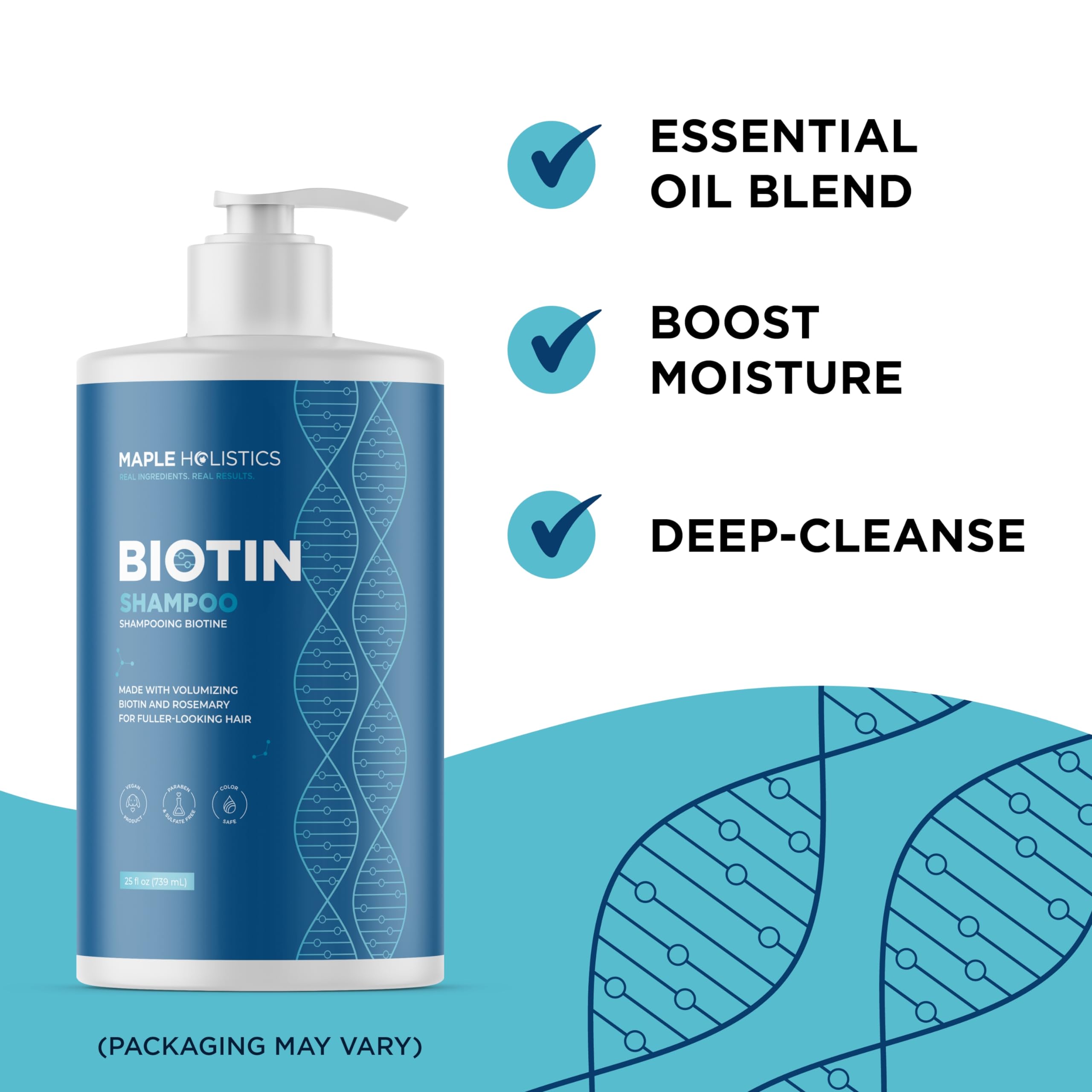 Maple Holistics bottle close-up emphasizes biotin and plant oils for volume