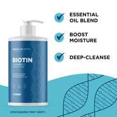 Maple Holistics bottle close-up emphasizes biotin and plant oils for volume