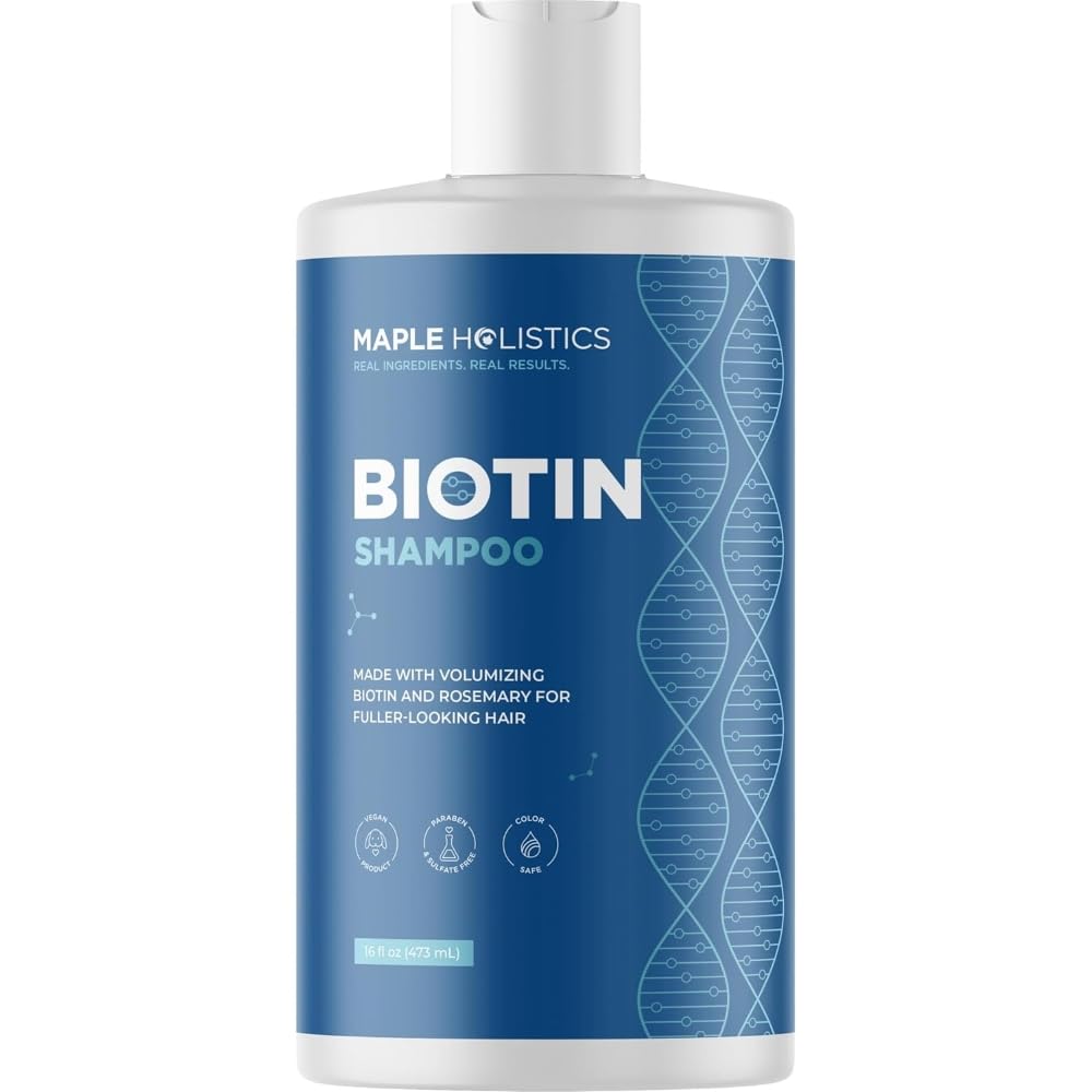 Maple Holistics Rosemary and Biotin Shampoo bottle showcases vegan formula for thinning hair.