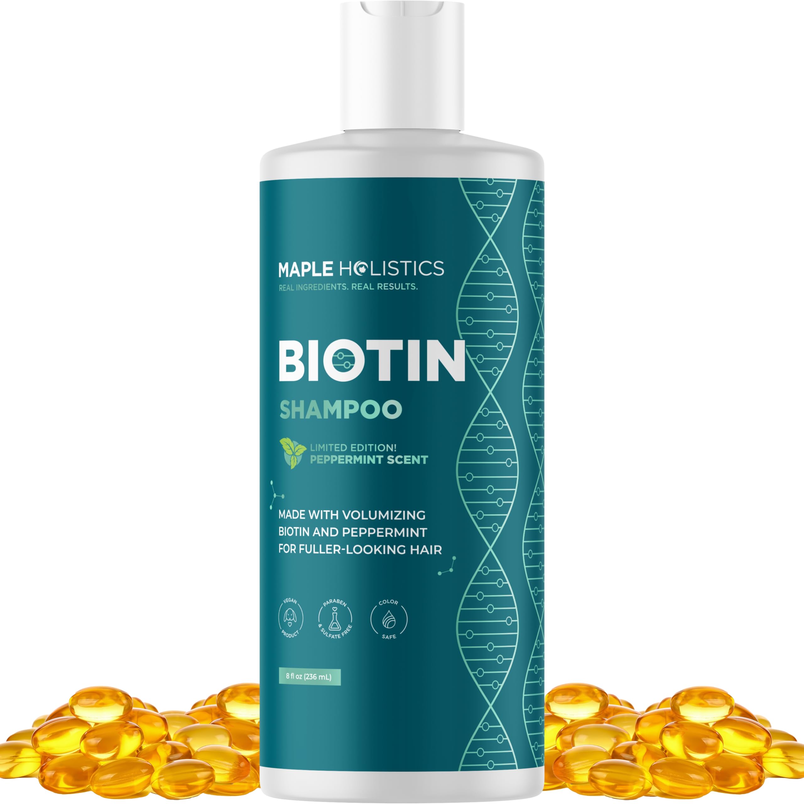 Maple Holistics Biotina con foco en volumen para cabello fino, mostrado en la botella.