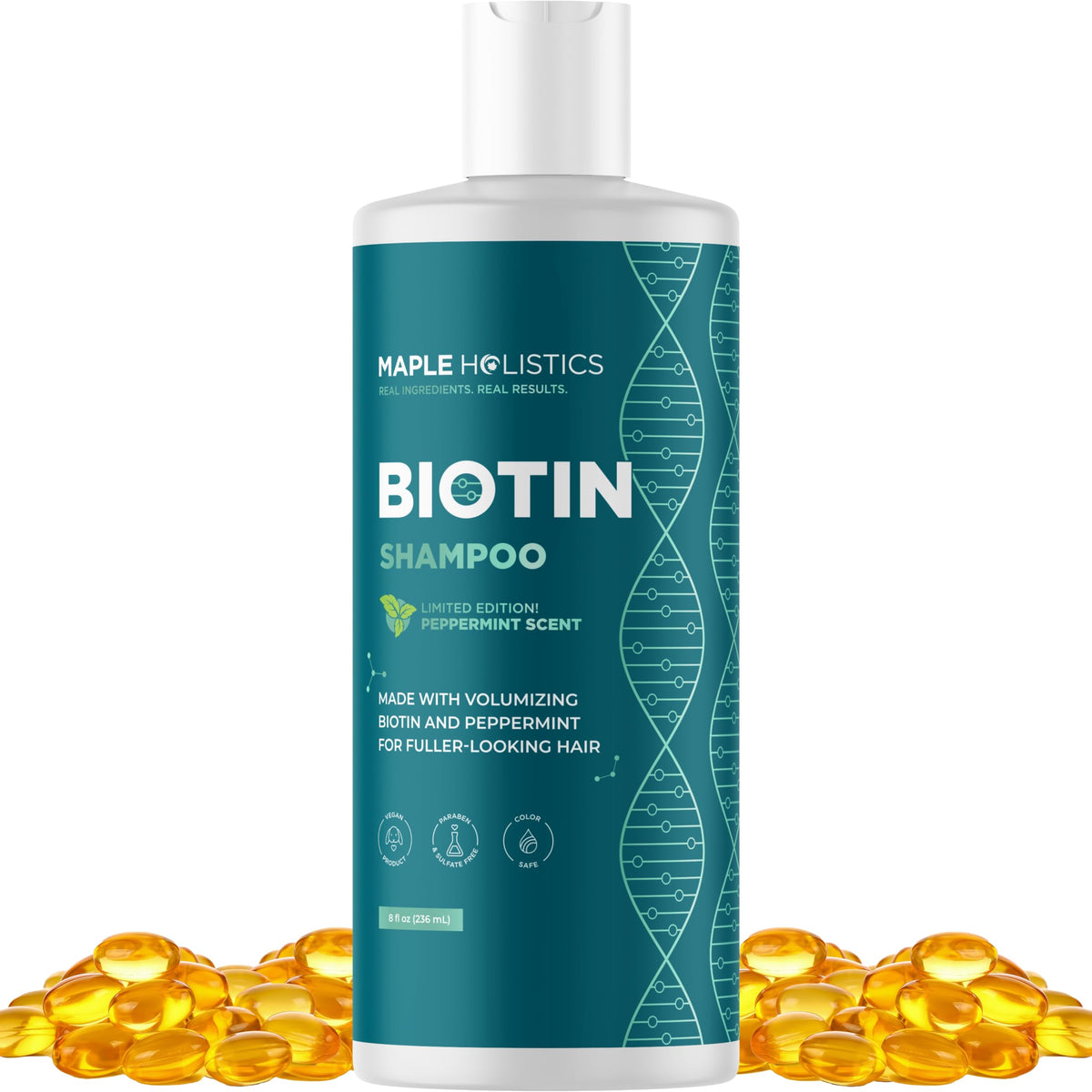 Maple Holistics Biotina con foco en volumen para cabello fino, mostrado en la botella.