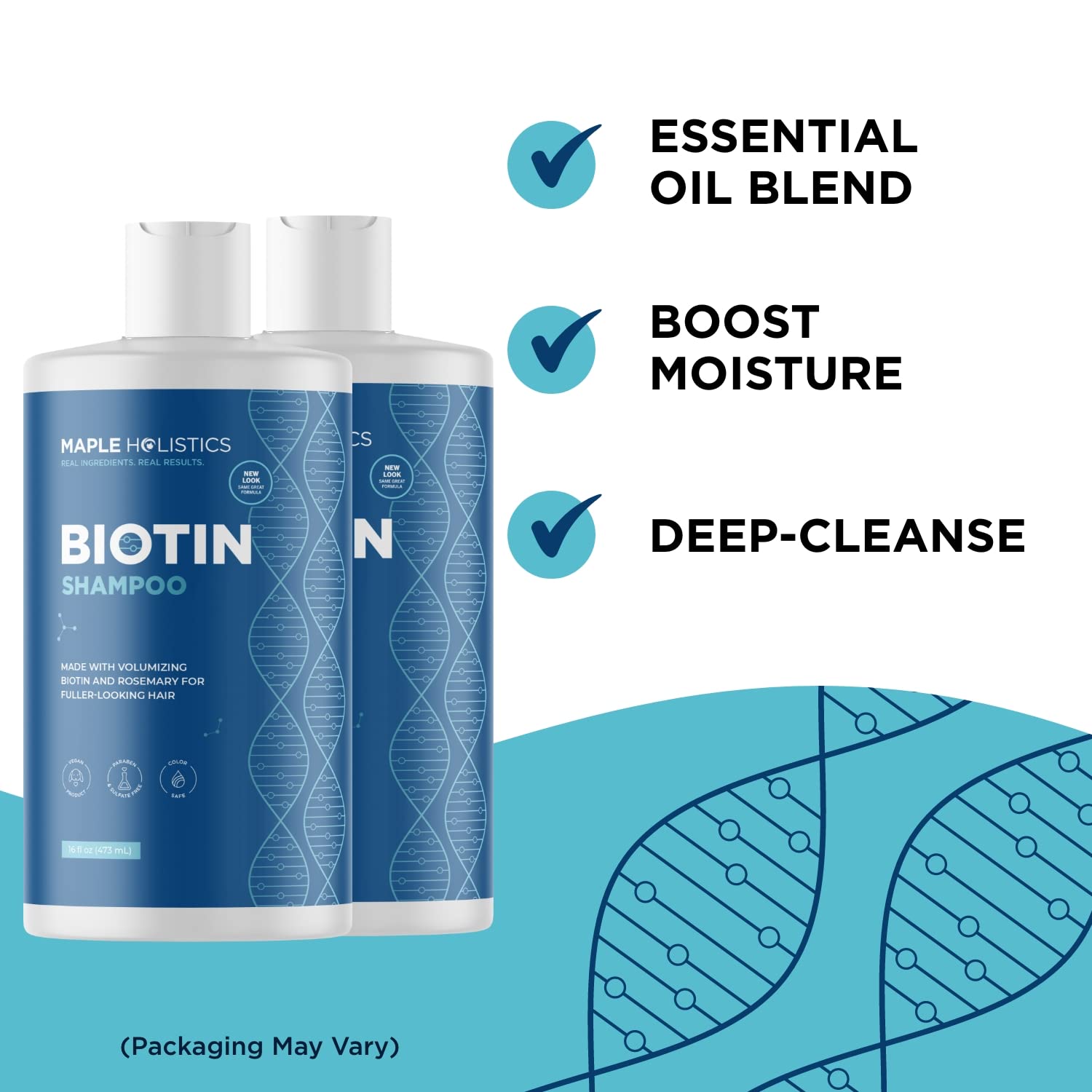 Maple Holistics tea tree essential oil image suggests scalp refreshment.