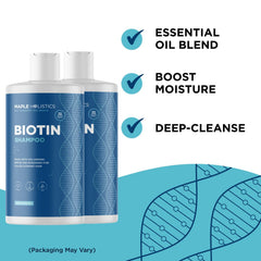 Maple Holistics tea tree essential oil image suggests scalp refreshment.