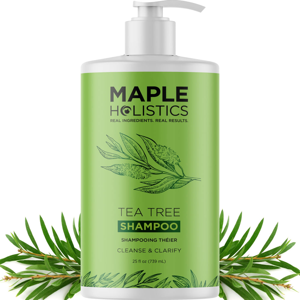 Maple Holistics Tea Tree Oil Shampoo bottle pour shows deep cleansing for oily hair