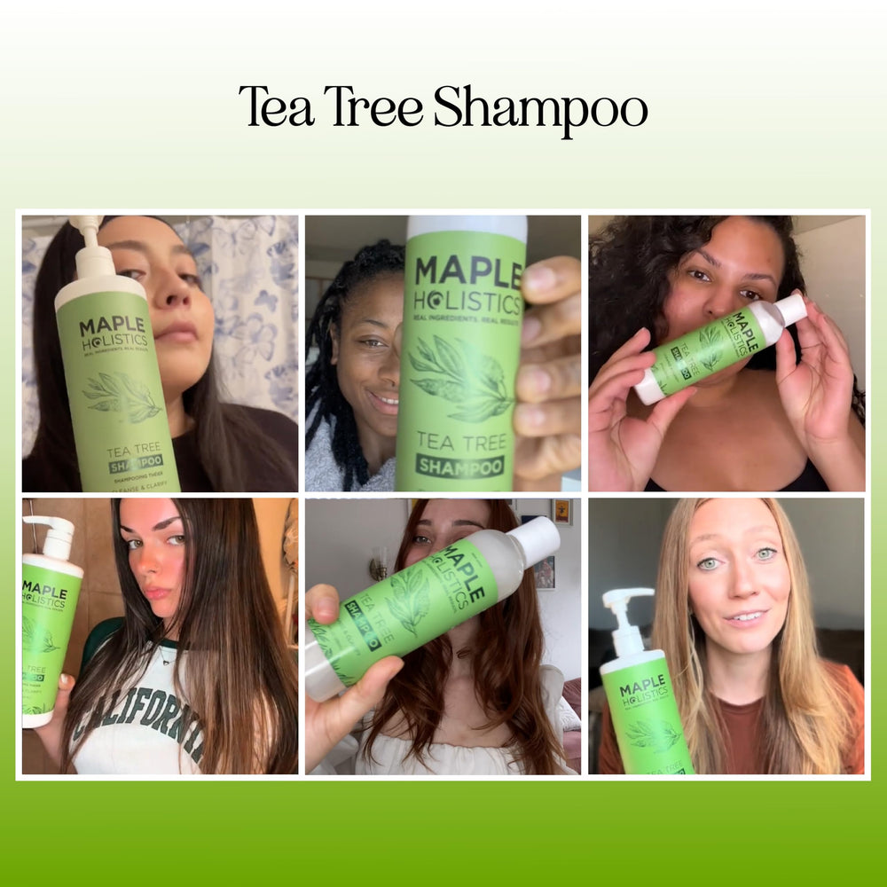 Maple Holistics Tea Tree Oil Shampoo bottle side view highlights formula