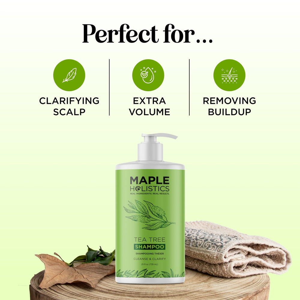 Maple Holistics Tea Tree Oil Shampoo daily-use bottle illustrates routine versatility