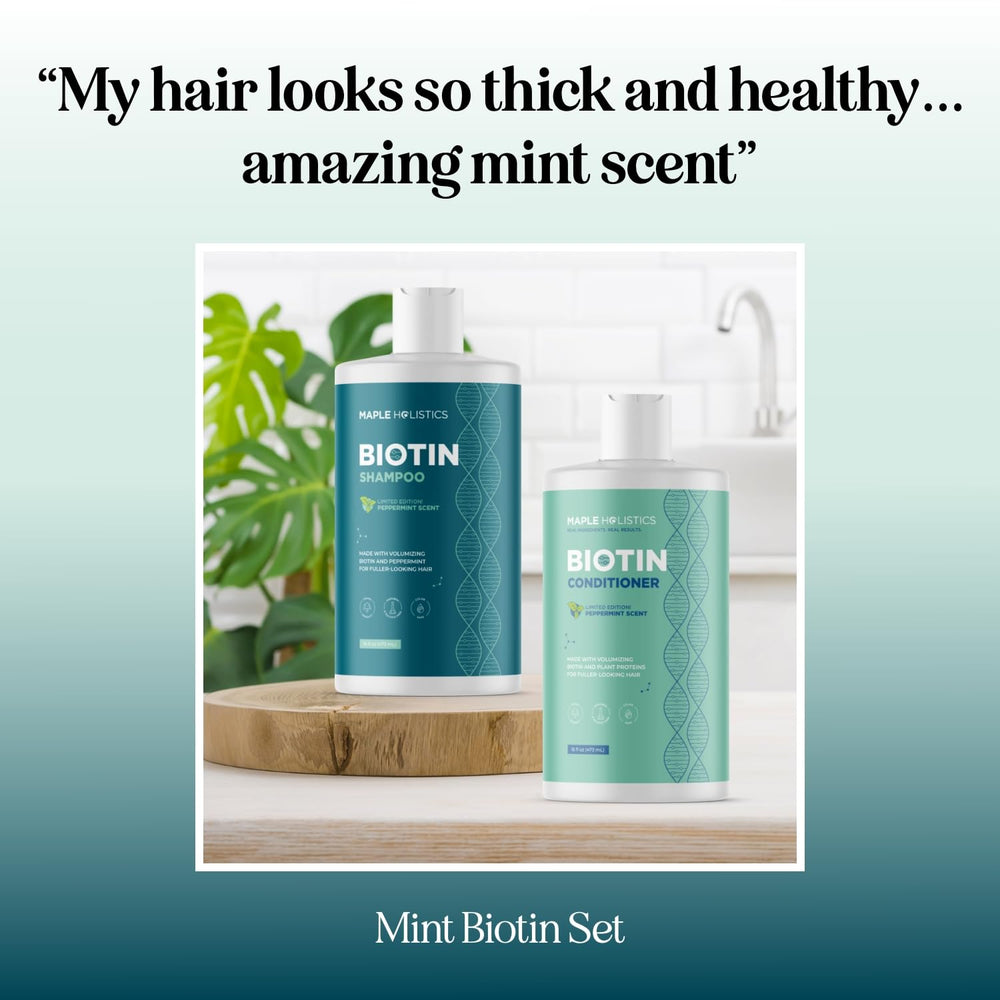 Maple Holistics thinning hair shampoo set in a modern bathroom