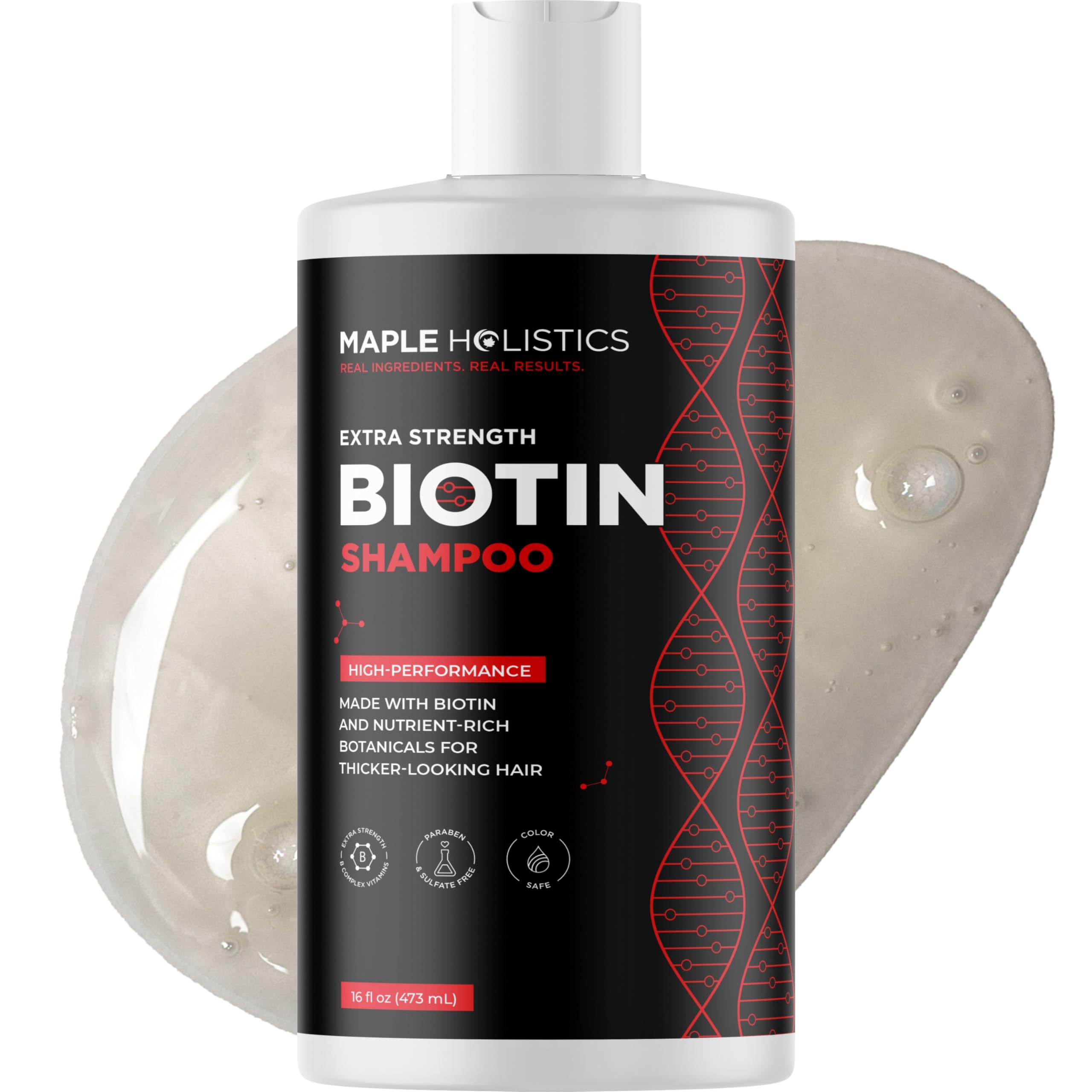 Maple Holistics Ultra Biotin Shampoo bottle highlights a vitamin-rich formula for thinning hair.