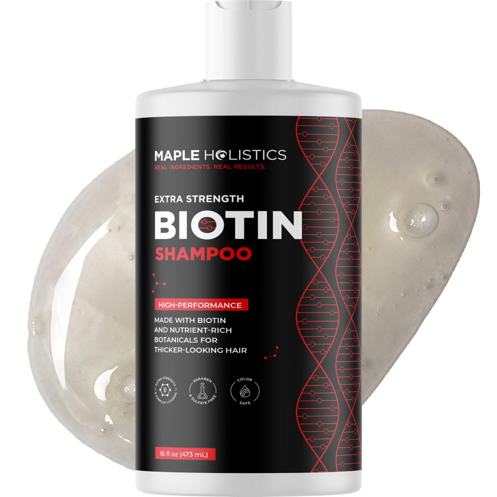 Maple Holistics Ultra Biotin Shampoo bottle highlights a vitamin-rich formula for thinning hair.