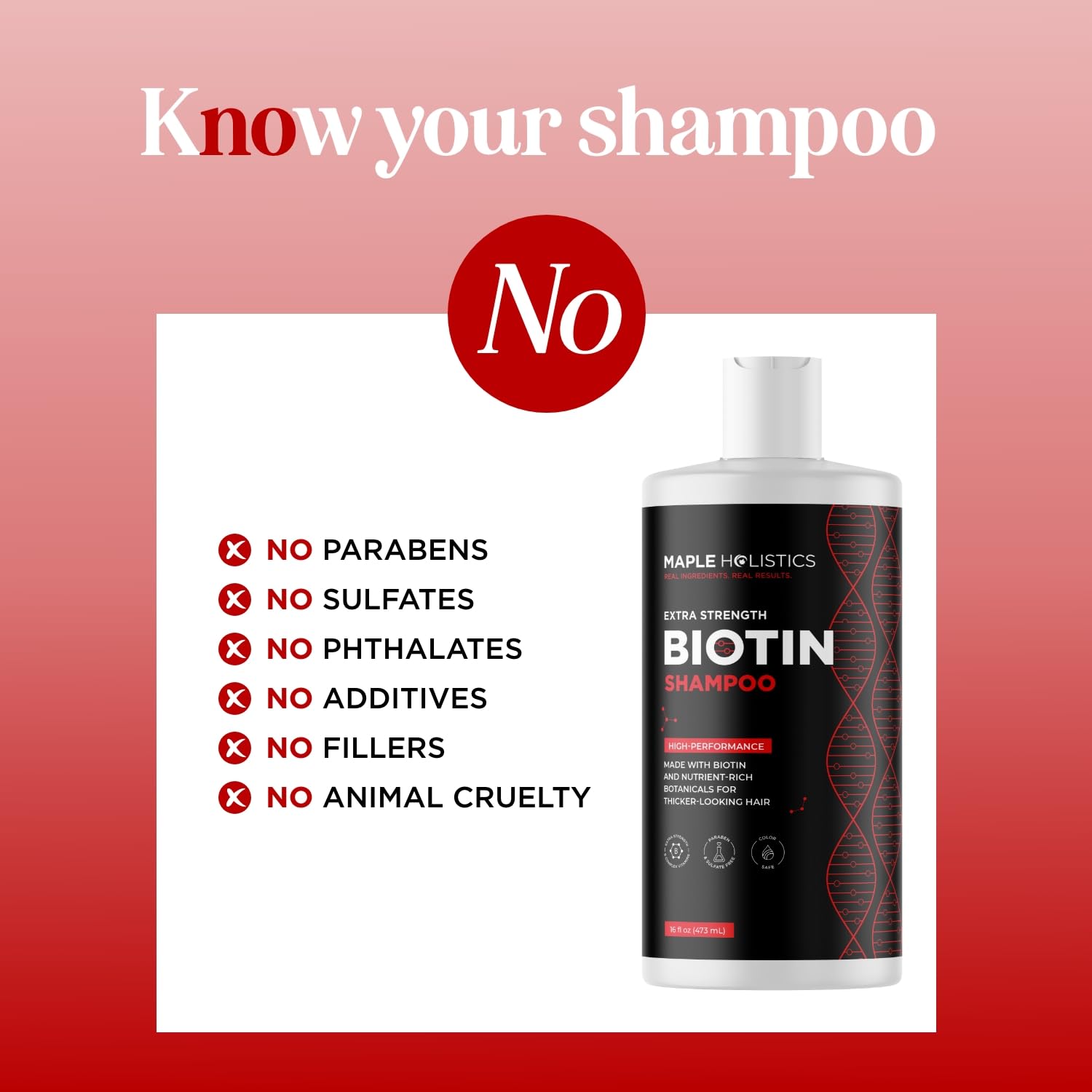 Maple Holistics Ultra Biotin Shampoo with rosemary and vitamins on ingredient panel.