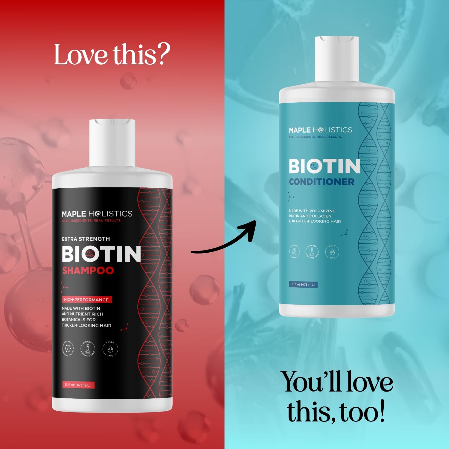 Maple Holistics Ultra Biotin Shampoo close-up on nourishing jojoba and ingredients.