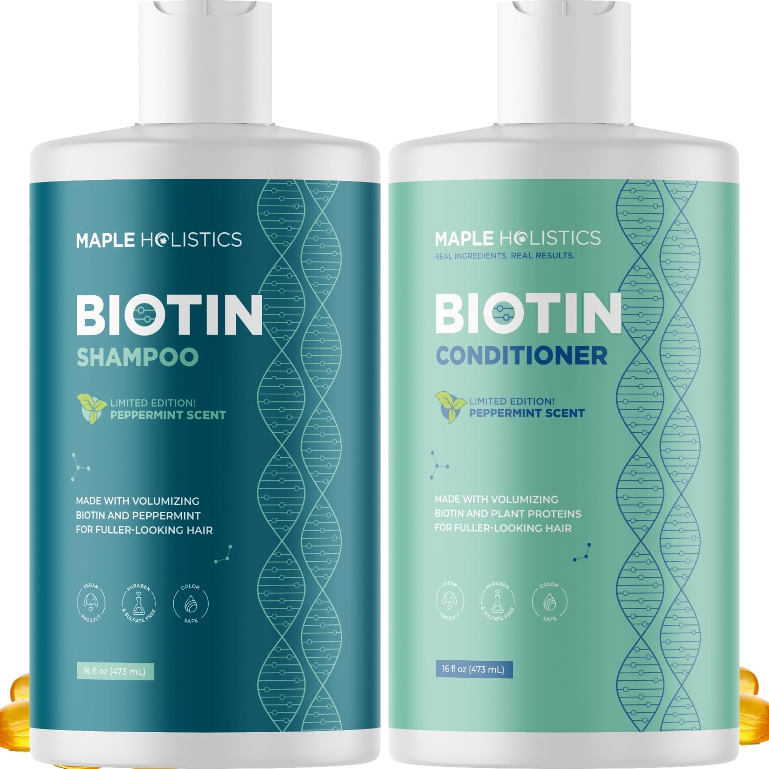 Maple Holistics volumizing biotin shampoo bottle showing fullness benefits