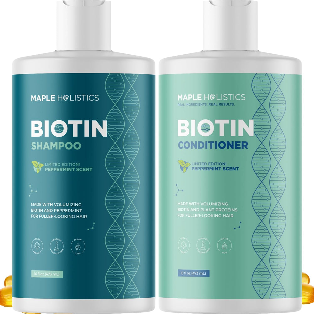 Maple Holistics volumizing biotin shampoo bottle showing fullness benefits