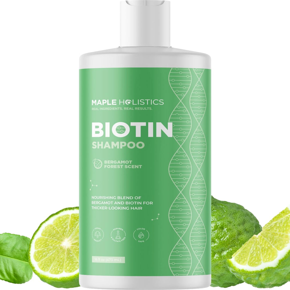 Maple Holistics Woodsy Biotin Shampoo bottle with natural oils for fuller-looking hair