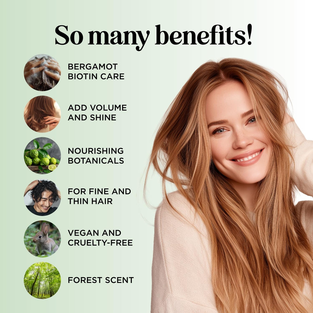 Ingredient panel featuring rosemary, bergamot, spruce, and tea tree oils