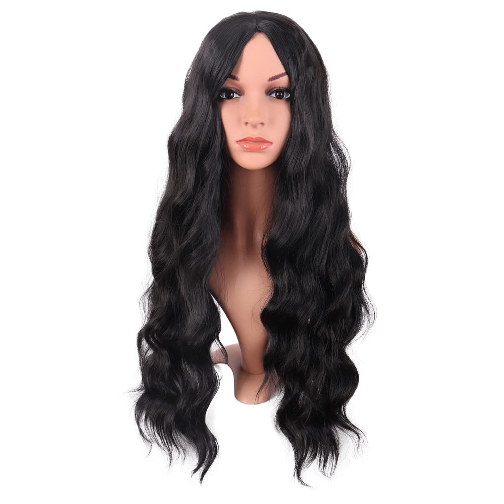 MapofBeauty 28-inch black wavy middle-part wig close-up highlights texture for party-ready style.