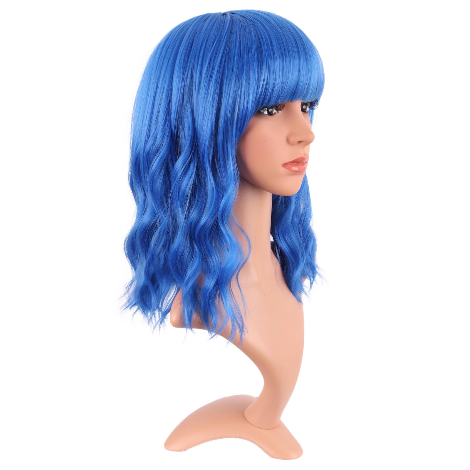 MapofBeauty blue wig with wavy bangs, shown from the front for versatile looks.