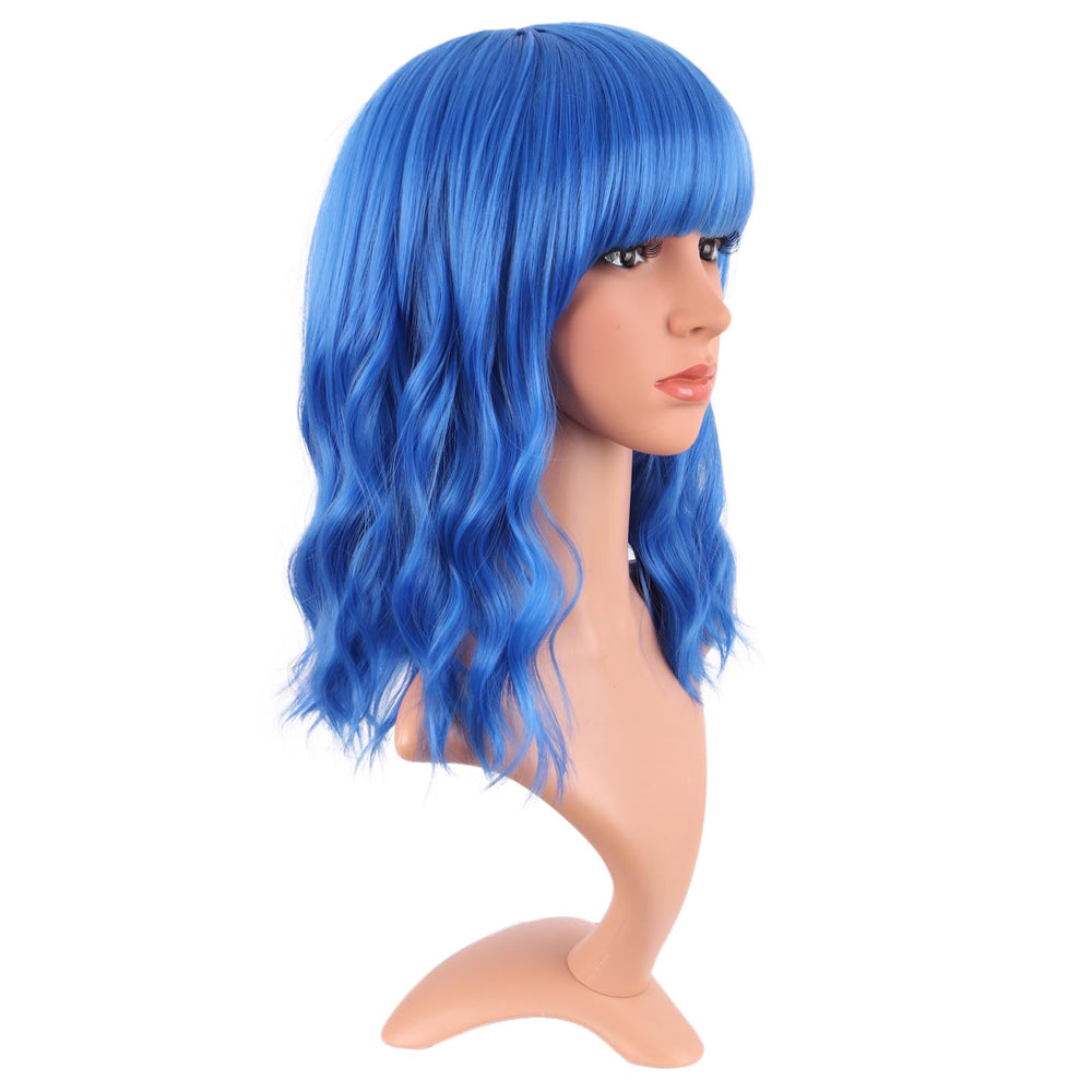 MapofBeauty blue wig with wavy bangs, shown from the front for versatile looks.