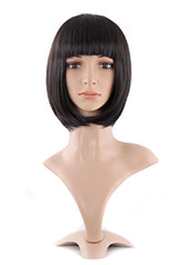 MapofBeauty 12inch black bob wig with straight bangs for everyday styling