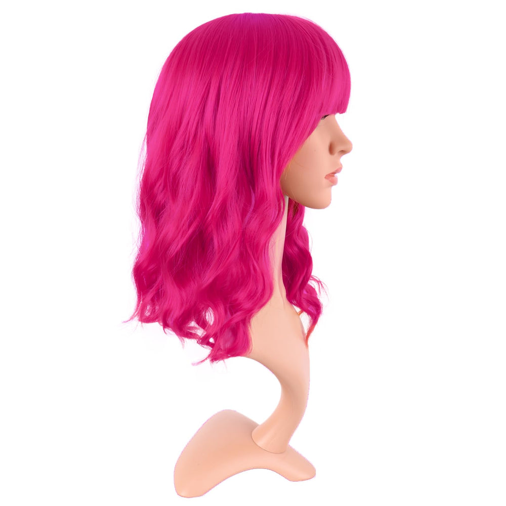 MapofBeauty hot-pink 14in short wavy bob back view reveals full silhouette.