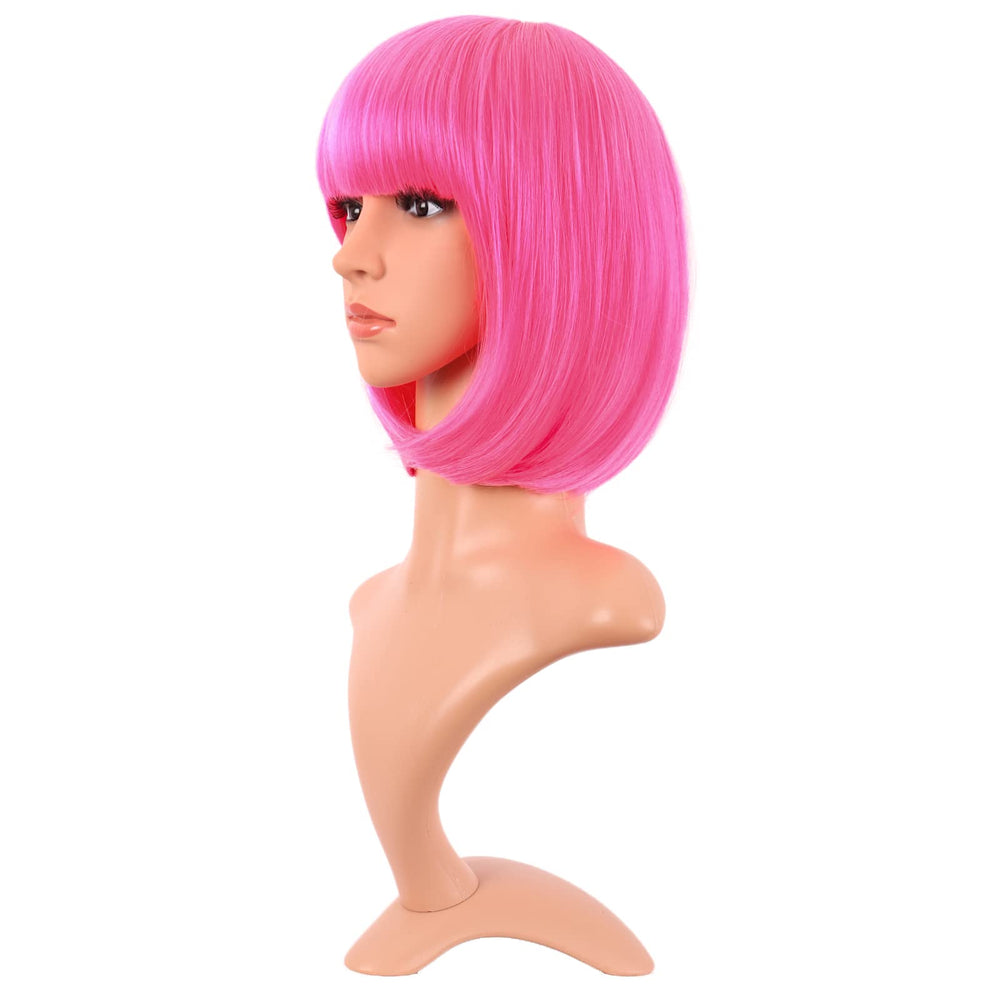 MapofBeauty neon pink bob wig cap adjustment shows secure fit