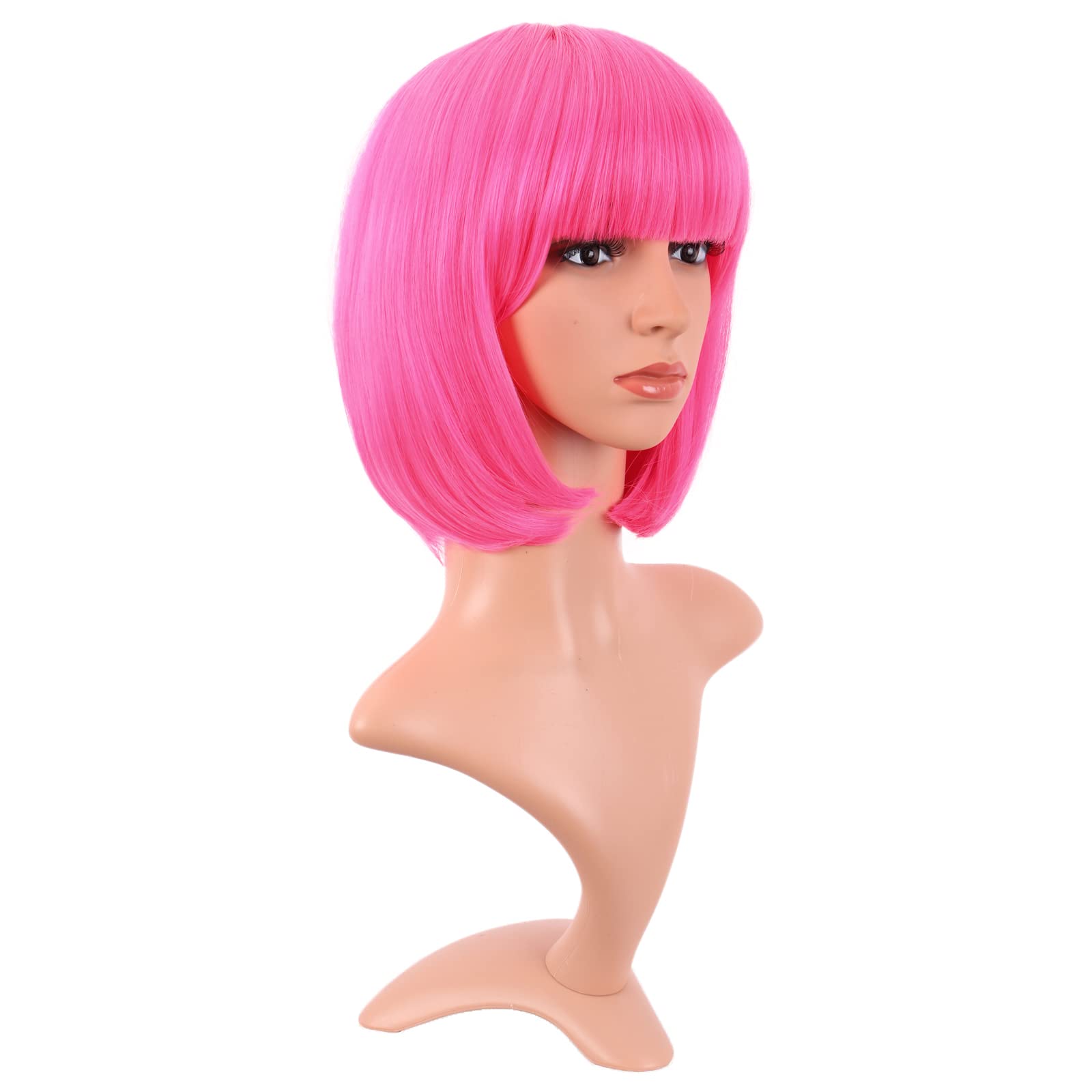 MapofBeauty neon pink bob wig side view highlights sleek bangs