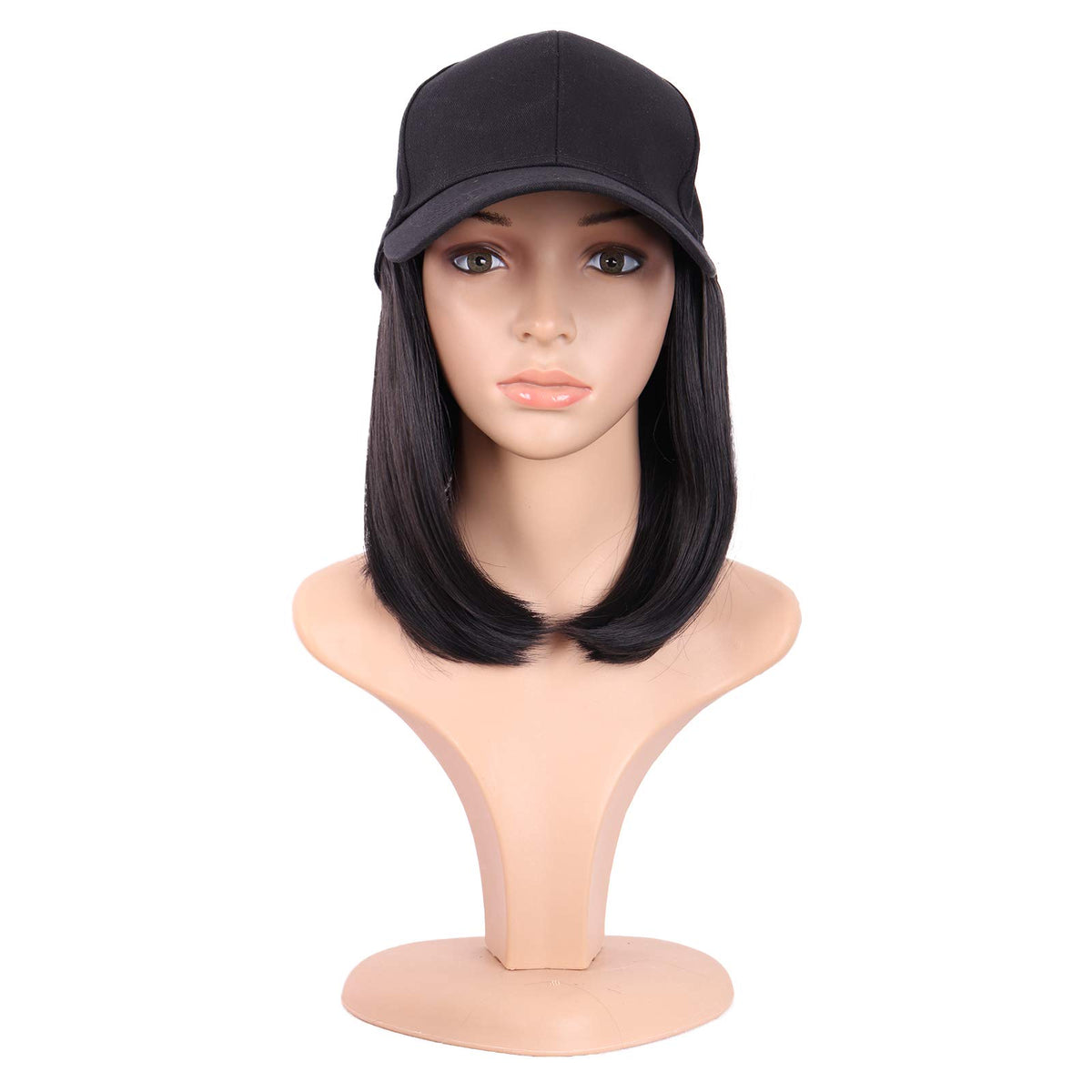 MapofBeauty short straight resistant wig shown with baseball hat style for easy daily wear.