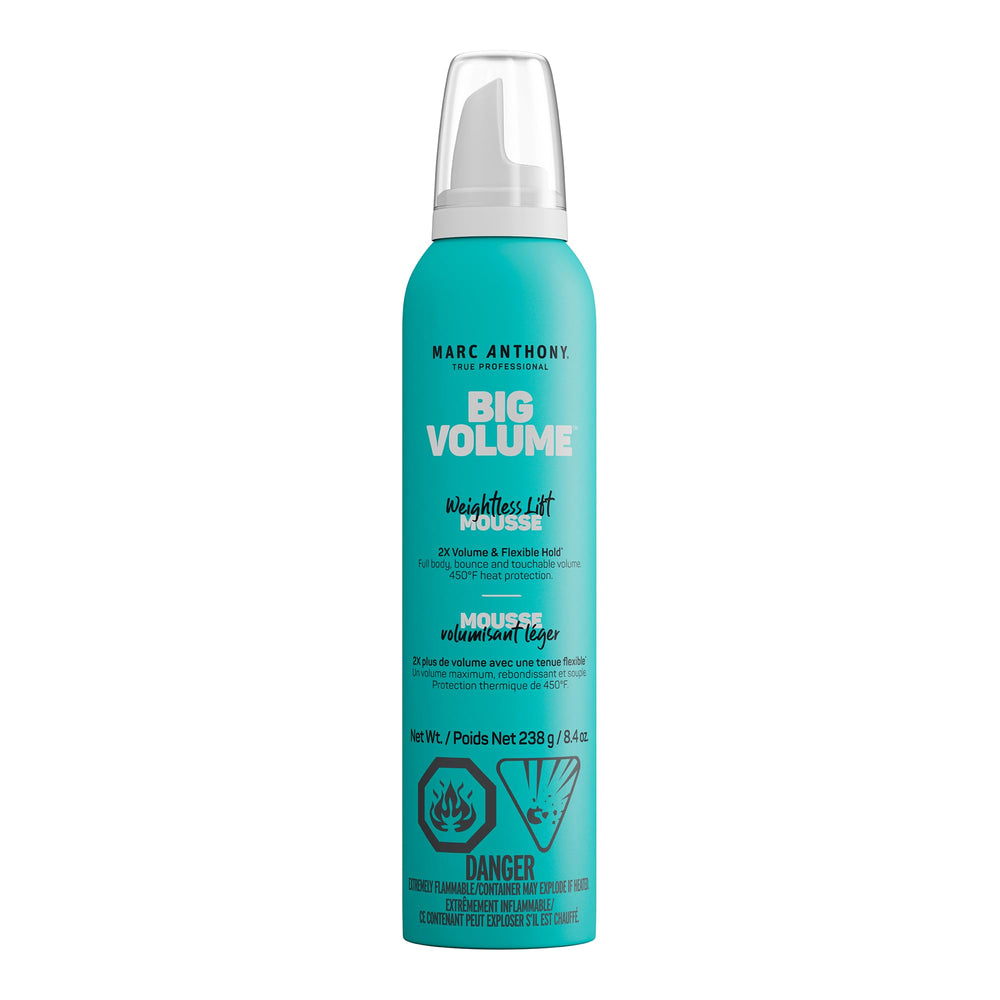Marc Anthony Big Volume Mousse, botella-aplicación para cabello fino con volumen ligero.